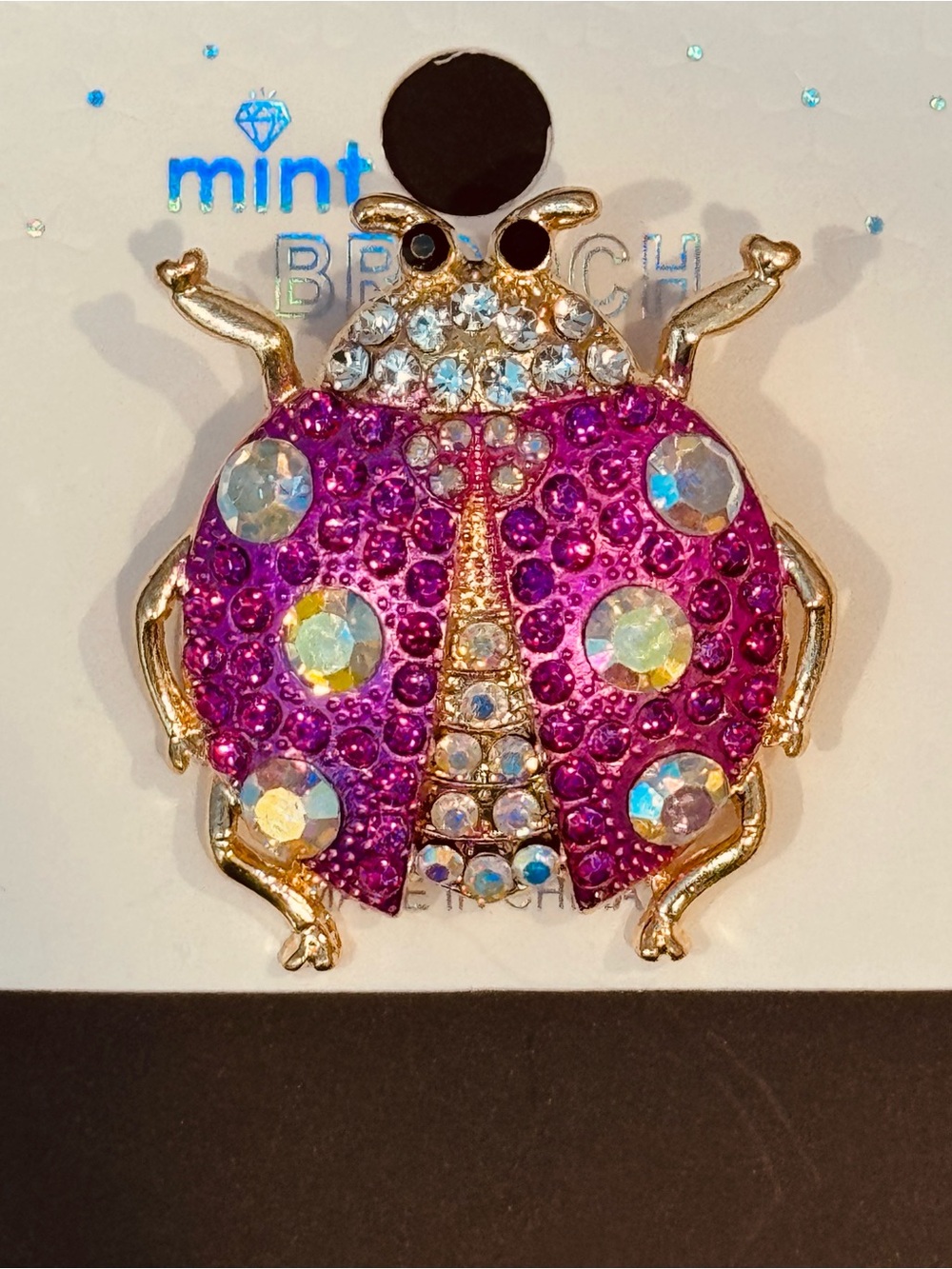 Mint Gold-Tone Ladybug Brooch Magenta & Iridescent Crystal Insect Pin NWT